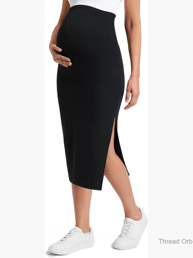 Maternity Side Split Midi Skirt - High Rise Over Belly Stretchy Pencil